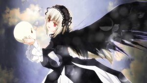 Rating: Safe Score: 0 Tags: 1girl bangs black_wings cloud dress frills hairband image lolita_hairband long_sleeves looking_at_viewer red_eyes silver_hair sky solo suigintou wings User: admin