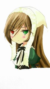 Rating: Safe Score: 0 Tags: 1girl bangs black_ribbon blush brown_hair dress frills green_dress green_eyes head_scarf heterochromia image long_hair long_sleeves looking_at_viewer red_eyes simple_background solo suiseiseki white_background User: admin