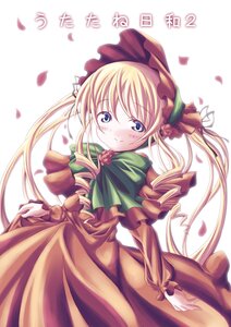 Rating: Safe Score: 0 Tags: 1girl blonde_hair blue_eyes blush bonnet bow bowtie capelet dekosuke dress drill_hair flower green_bow green_neckwear image long_hair long_sleeves looking_at_viewer petals pink_flower pink_rose red_capelet red_dress rose rose_petals rozen_maiden shinku sidelocks simple_background smile solo twintails very_long_hair white_background User: admin