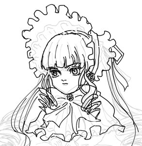 Rating: Safe Score: 0 Tags: 1girl bangs bonnet closed_mouth dress flower frills image long_hair long_sleeves monochrome rose shinku simple_background solo upper_body white_background User: admin