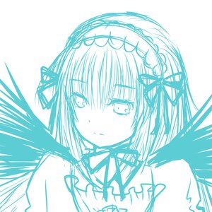 Rating: Safe Score: 0 Tags: 1girl bangs bare_shoulders blue_theme blush eyebrows_visible_through_hair feathered_wings hair_between_eyes hair_ribbon hairband image looking_at_viewer monochrome ribbon simple_background sketch solo suigintou upper_body white_background wings User: admin