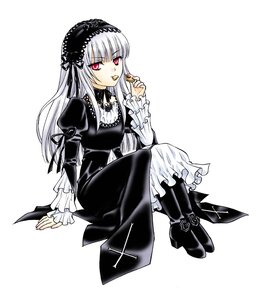 Rating: Safe Score: 0 Tags: 1girl bangs black_dress boots candy dress food frilled_sleeves frills full_body hairband holding image long_hair long_sleeves looking_at_viewer pantyhose puffy_sleeves red_eyes silver_hair simple_background sitting solo suigintou white_background wings User: admin