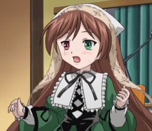 Rating: Safe Score: 0 Tags: 1girl blush brown_hair dress frills green_dress green_eyes head_scarf heterochromia image long_hair long_sleeves open_mouth red_eyes ribbon solo suiseiseki very_long_hair User: admin