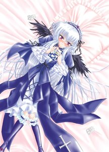 Rating: Safe Score: 0 Tags: 1girl black_wings blush dress frills hairband image lolita_hairband long_hair long_sleeves looking_at_viewer lying on_back pink_eyes ribbon silver_hair smile solo suigintou wings User: admin