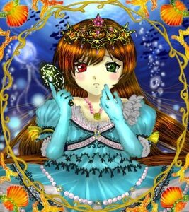 Rating: Safe Score: 0 Tags: 1girl blue_dress blurry brown_hair depth_of_field dress flower gloves green_eyes heterochromia image long_hair necklace red_eyes solo souseiseki suiseiseki User: admin