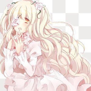 Rating: Safe Score: 0 Tags: 1girl argyle argyle_background blonde_hair blush checkered checkered_background checkered_floor dress eyepatch flower hair_flower hair_ornament image kirakishou long_hair long_sleeves open_mouth pink_flower pink_rose rose solo very_long_hair white_flower white_rose yellow_eyes User: admin