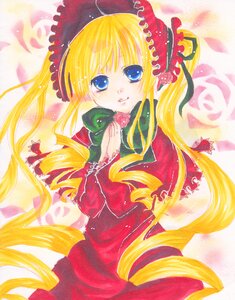 Rating: Safe Score: 0 Tags: 1girl blonde_hair blue_eyes bonnet bow dress drill_hair flower green_bow image long_hair long_sleeves looking_at_viewer marker_(medium) pink_flower pink_rose ringlets rose shinku smile solo traditional_media twin_drills twintails User: admin