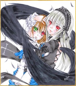 Rating: Safe Score: 0 Tags: 2girls black_wings blonde_hair blush dress frills green_eyes hairband heterochromia hug image long_hair long_sleeves looking_at_viewer marker_(medium) multiple_girls pair red_eyes shikishi signature smile souseiseki suigintou traditional_media wings User: admin