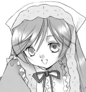 Rating: Safe Score: 0 Tags: 1girl :d blush frills greyscale image long_hair looking_at_viewer monochrome neck_ribbon open_mouth ribbon simple_background smile solo suiseiseki upper_body white_background User: admin