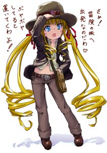 Rating: Safe Score: 0 Tags: 1girl bag belt blonde_hair blue_eyes blush_stickers boots commentary_request cowboy_hat cowboy_western drill_hair fedora full_body hair_ribbon hat heart highres image indiana_jones long_hair navel open_mouth ribbon ringlets rozen_maiden satchel shinku solo st+1 standing translated twin_drills twintails very_long_hair User: admin