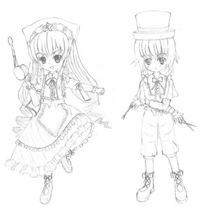 Rating: Safe Score: 0 Tags: 1girl 2girls boots braid dress frills full_body greyscale hat image lineart long_hair long_sleeves monochrome multiple_girls pair ribbon smile souseiseki standing suiseiseki top_hat twin_braids User: admin