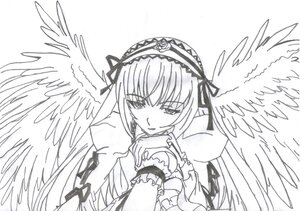Rating: Safe Score: 0 Tags: 1girl angel_wings dress feathered_wings feathers frills greyscale hairband image long_hair long_sleeves looking_at_viewer monochrome ribbon rose simple_background solo suigintou upper_body white_background wings User: admin