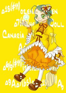 Rating: Safe Score: 0 Tags: 1girl bloomers bow dress drill_hair frills full_body green_eyes green_hair hat image kanaria long_sleeves pantyhose ribbon short_hair simple_background smile solo standing white_legwear yellow_background User: admin