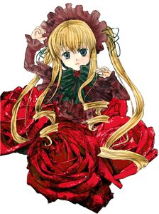 Rating: Safe Score: 0 Tags: 1girl blonde_hair blue_eyes bow bowtie dress drill_hair flower green_bow image long_hair long_sleeves looking_at_viewer red_dress rose shinku sidelocks simple_background sitting solo twintails very_long_hair white_background User: admin