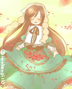 Rating: Safe Score: 0 Tags: 1girl blush brown_hair closed_eyes dress frills green_dress image lolita_fashion long_hair long_sleeves open_mouth petals ribbon skirt_basket smile solo suiseiseki very_long_hair User: admin