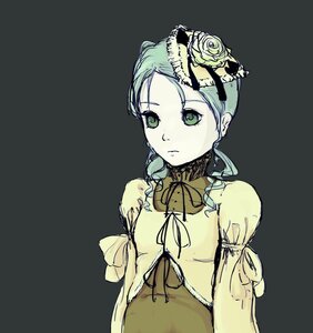 Rating: Safe Score: 0 Tags: 1girl dress expressionless flower frills green_eyes green_hair grey_background hair_flower hair_ornament image kanaria long_sleeves ribbon rose simple_background solo upper_body User: admin