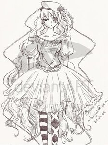 Rating: Safe Score: 0 Tags: 1girl barasuishou bare_shoulders dress flower frills hat image long_hair long_sleeves monochrome solo striped striped_legwear veil very_long_hair User: admin