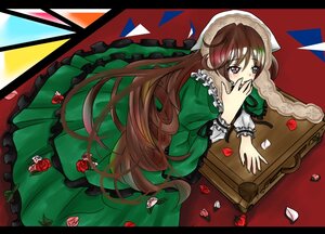 Rating: Safe Score: 0 Tags: 1girl brown_hair covering_mouth dress flower frills green_dress image letterboxed long_hair petals red_flower red_rose rose rose_petals solo suiseiseki very_long_hair User: admin