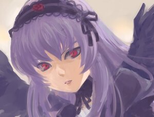 Rating: Safe Score: 0 Tags: 1girl bangs black_ribbon black_wings dress flower frills hairband image lips lolita_fashion long_hair looking_at_viewer parted_lips red_eyes rose solo suigintou wings User: admin