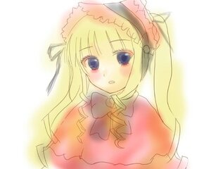 Rating: Safe Score: 0 Tags: 1girl :o blonde_hair blue_eyes blush bonnet bow bowtie dress image long_hair long_sleeves looking_at_viewer red_dress shinku simple_background solo upper_body User: admin