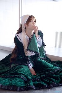 Rating: Safe Score: 0 Tags: 1girl brown_hair dress frills green_dress long_hair long_sleeves looking_at_viewer red_eyes sitting solo suiseiseki User: admin