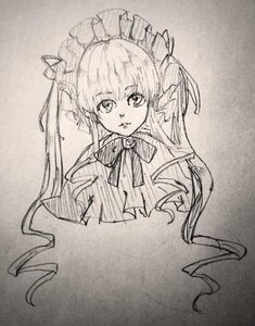 Rating: Safe Score: 0 Tags: 1girl bow bowtie dress drill_hair frills image long_hair long_sleeves looking_at_viewer monochrome photo shinku simple_background solo traditional_media twintails upper_body white_background User: admin