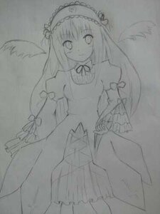 Rating: Safe Score: 0 Tags: 1girl dress frills greyscale hairband image long_hair long_sleeves looking_at_viewer monochrome sketch smile solo standing suigintou traditional_media wings User: admin