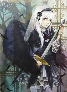 Rating: Safe Score: 0 Tags: 1girl black_wings dress flower frilled_sleeves frills hairband image long_hair long_sleeves rose silver_hair solo suigintou traditional_media wings User: admin