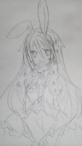 Rating: Safe Score: 0 Tags: 1girl animal_ears bow bunny_ears greyscale image long_hair long_sleeves looking_at_viewer monochrome sketch skirt solo suiseiseki traditional_media very_long_hair User: admin