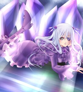 Rating: Safe Score: 0 Tags: 1girl auto_tagged barasuishou boots brooch dress frills hair_ornament image long_hair long_sleeves looking_at_viewer lying on_stomach purple_dress silver_hair solo User: admin