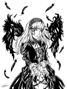 Rating: Safe Score: 0 Tags: 1girl bird bird_on_shoulder black_feathers black_wings crow dove eagle feathered_wings feathers gothic_lolita greyscale hairband image lolita_fashion lolita_hairband long_hair long_sleeves looking_at_viewer monochrome seagull signature smile solo suigintou white_background white_feathers wings User: admin