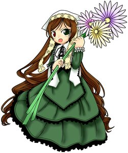 Rating: Safe Score: 0 Tags: 1girl brown_hair dress drill_hair flower frills full_body green_dress green_eyes head_scarf heterochromia holding image long_hair long_sleeves looking_at_viewer open_mouth red_eyes simple_background solo suiseiseki twintails very_long_hair watering_can white_background User: admin