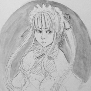 Rating: Safe Score: 0 Tags: 1girl bangs bare_shoulders dress elbow_gloves frills gloves greyscale image long_hair looking_at_viewer monochrome shinku sketch solo traditional_media upper_body User: admin