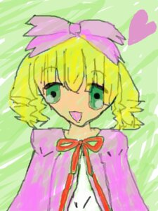 Rating: Safe Score: 0 Tags: 1girl :d bangs blonde_hair bow dress eyebrows_visible_through_hair green_background green_eyes heart hinaichigo image long_sleeves looking_at_viewer neck_ribbon open_mouth pink_bow ribbon short_hair smile solo upper_body User: admin