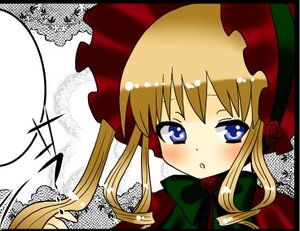 Rating: Safe Score: 0 Tags: 1girl :o blonde_hair blue_eyes blush bonnet bow bowtie dress flower green_bow hat image letterboxed long_hair looking_at_viewer rose shinku sidelocks simple_background solo twintails User: admin