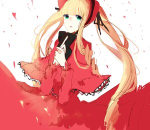 Rating: Safe Score: 0 Tags: 1girl blonde_hair bow dress green_eyes image long_hair long_sleeves looking_at_viewer petals red_dress shinku solo twintails User: admin