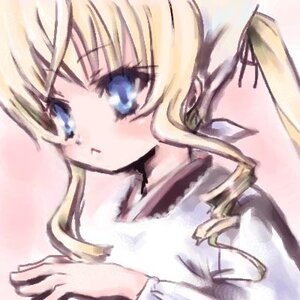 Rating: Safe Score: 0 Tags: 1girl blonde_hair blue_eyes blush collarbone dress image long_sleeves shinku simple_background solo upper_body User: admin