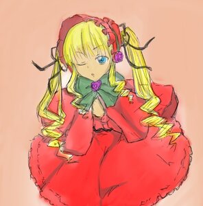 Rating: Safe Score: 0 Tags: 1girl ;o blonde_hair blue_eyes bonnet bow bowtie dress drill_hair green_bow image long_hair long_sleeves looking_at_viewer one_eye_closed pink_background pink_rose red_dress rose shinku simple_background solo twin_drills twintails User: admin