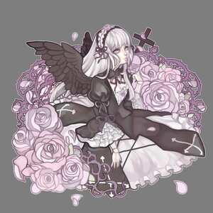 Rating: Safe Score: 0 Tags: 1girl black_wings dress feathered_wings flower frills full_body gothic_lolita hairband image lolita_fashion long_hair long_sleeves pink_flower pink_rose ribbon rose silver_hair solo suigintou transparent_background wings User: admin