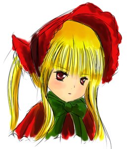 Rating: Safe Score: 0 Tags: 1girl blonde_hair blush bonnet bow bowtie capelet green_bow image long_hair looking_at_viewer red_eyes shinku simple_background solo twintails upper_body white_background User: admin