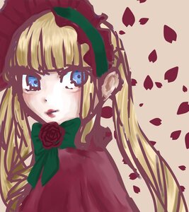 Rating: Safe Score: 0 Tags: 1girl bangs blonde_hair blue_eyes bonnet bow flower green_bow image long_hair looking_at_viewer petals red_flower red_rose rose rose_petals shinku simple_background solo User: admin