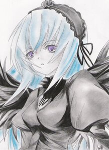 Rating: Safe Score: 0 Tags: 1girl bare_shoulders black_ribbon breasts dress gothic_lolita hairband image lolita_fashion lolita_hairband long_hair looking_at_viewer marker_(medium) monochrome purple_eyes ribbon solo suigintou traditional_media upper_body white_background wings User: admin