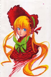 Rating: Safe Score: 0 Tags: 1girl blonde_hair blue_eyes bonnet bow bowtie dress green_bow image long_hair long_sleeves looking_at_viewer shinku sidelocks simple_background solo twintails very_long_hair User: admin