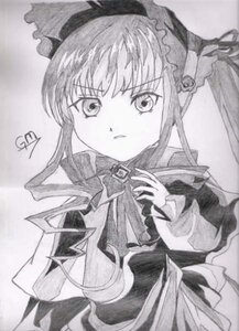 Rating: Safe Score: 0 Tags: 1girl bonnet bow bowtie dress frills greyscale image long_hair long_sleeves looking_at_viewer monochrome shinku simple_background solo traditional_media twintails white_background User: admin