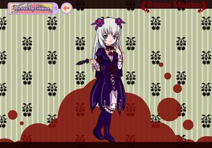 Rating: Safe Score: 0 Tags: 1girl black_legwear blue_eyes costume_switch dress hair_ornament image long_hair long_sleeves looking_at_viewer purple_legwear ribbon silver_hair solo striped striped_background thighhighs vertical_stripes User: admin