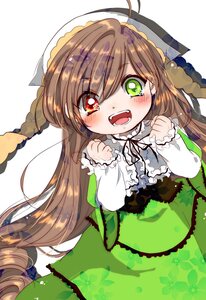 Rating: Safe Score: 0 Tags: 1girl :d ahoge auto_tagged blush brown_hair dress eyebrows_visible_through_hair frills green_dress green_eyes hands_up hat image long_hair long_sleeves looking_at_viewer open_mouth simple_background solo suiseiseki very_long_hair white_background User: admin