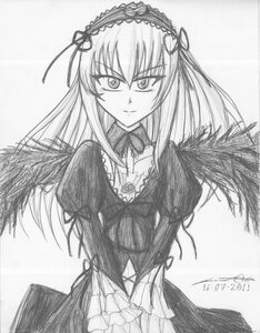 Rating: Safe Score: 0 Tags: 1girl closed_mouth dress frills graphite_(medium) greyscale hairband image lolita_hairband long_hair long_sleeves looking_at_viewer monochrome signature solo suigintou traditional_media wings User: admin