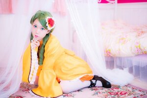 Rating: Safe Score: 0 Tags: 1girl curtains finger_to_mouth flower green_hair hair_flower hair_ornament kanaria kneeling lips shoes solo striped User: admin