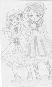 Rating: Safe Score: 0 Tags: 2girls bow dress flower graphite_(medium) greyscale hair_bow hair_flower hair_ornament hakurei_reimu hinaichigo image kanaria long_sleeves looking_at_viewer monochrome multiple_girls open_mouth pair short_hair sketch smile traditional_media User: admin