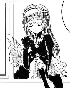 Rating: Safe Score: 0 Tags: 1girl closed_eyes dress frills greyscale hairband image juliet_sleeves lolita_hairband long_hair long_sleeves monochrome solo standing suigintou very_long_hair User: admin